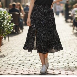 Nasty Gal Skirt Womens 10 Black Polka Dot A-Line Midi Slit Retro Classic